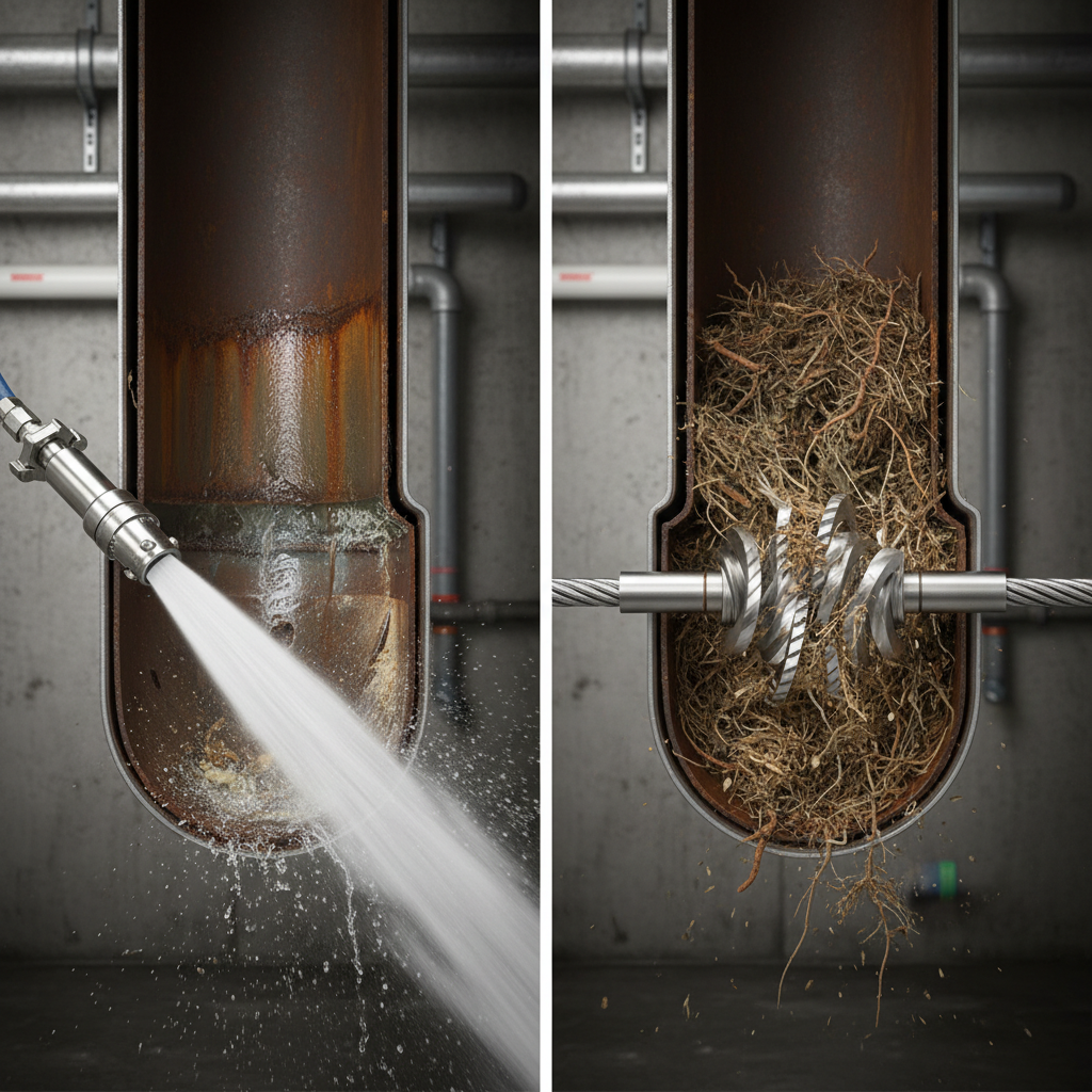 Comparação visual lado a lado: De um lado, um bico de hidrojateamento de alta pressão lançando um jato de água concentrado. Do outro, a ponta de uma máquina roto rooter com diferentes tipos de ponteiras rotatórias. Ambas as cenas devem ser tecnicamente representadas, mostrando a ação específica de cada técnica dentro da tubulação.