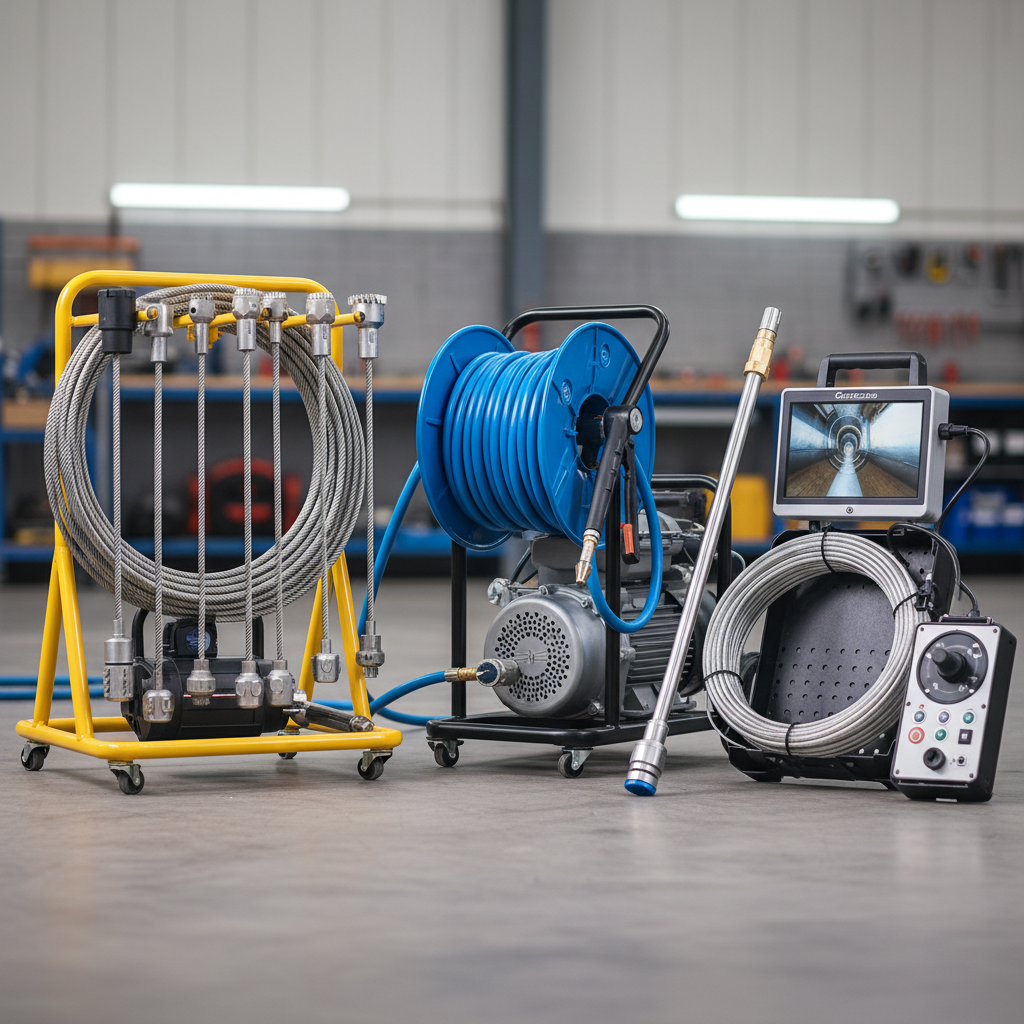 Diferentes equipamentos de desentupimento organizados e prontos para uso: máquina desentupidora elétrica com molas, equipamento de hidrojateamento com mangueira de alta pressão, e câmera de vídeo inspeção de tubulações. A imagem deve ser limpa e técnica, mostrando a variedade de ferramentas.