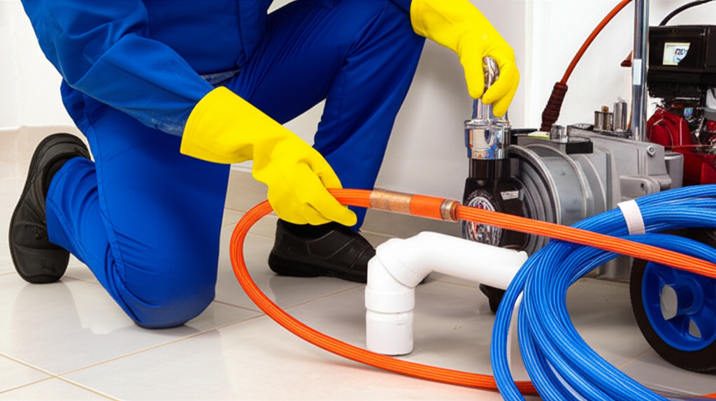 técnico da desentupidora utilizando equipamento profissional para desentupir tubulação