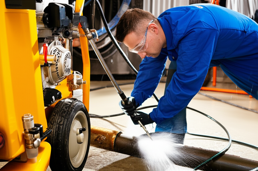 Um técnico de desentupimento utilizando uma máquina de hidrojateamento de alta pressão para limpar uma tubulação, com o jato de água visível e eficaz, garantindo a remoção de obstruções.