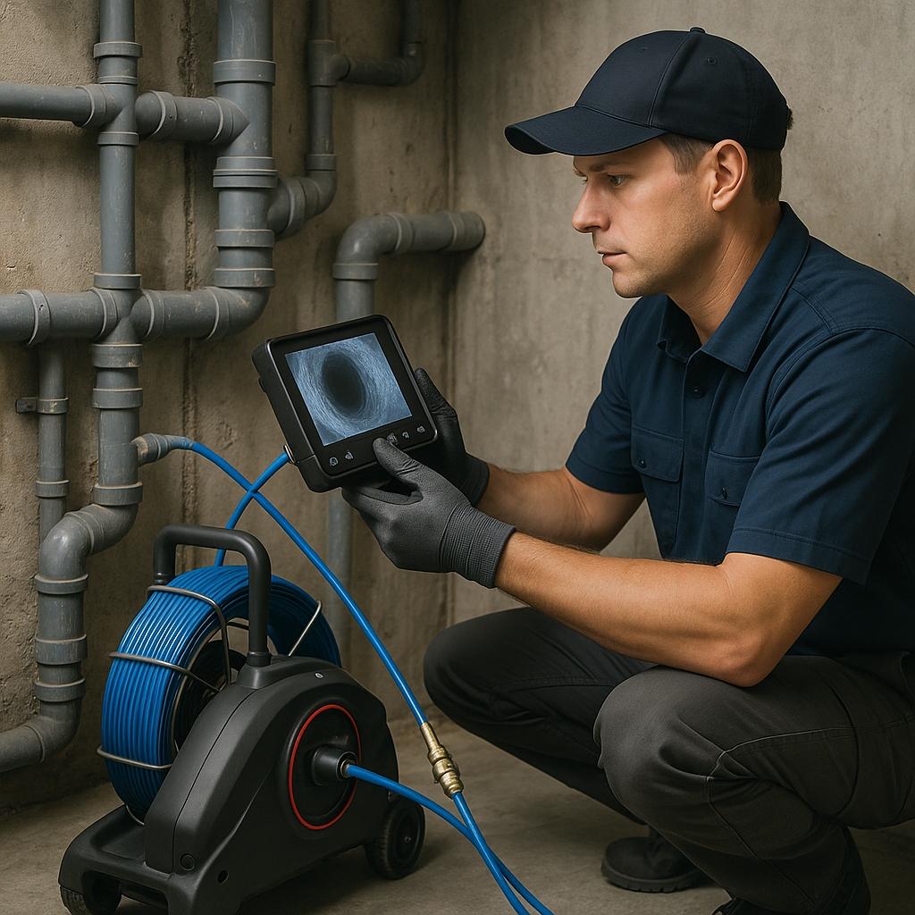 Um técnico em encanamento inspecionando uma tubulação complexa com equipamento de alta tecnologia (câmera de inspeção ou hidrojateamento). A cena é limpa e profissional, focando na expertise e nas ferramentas modernas. Estilo técnico e fidedigno.