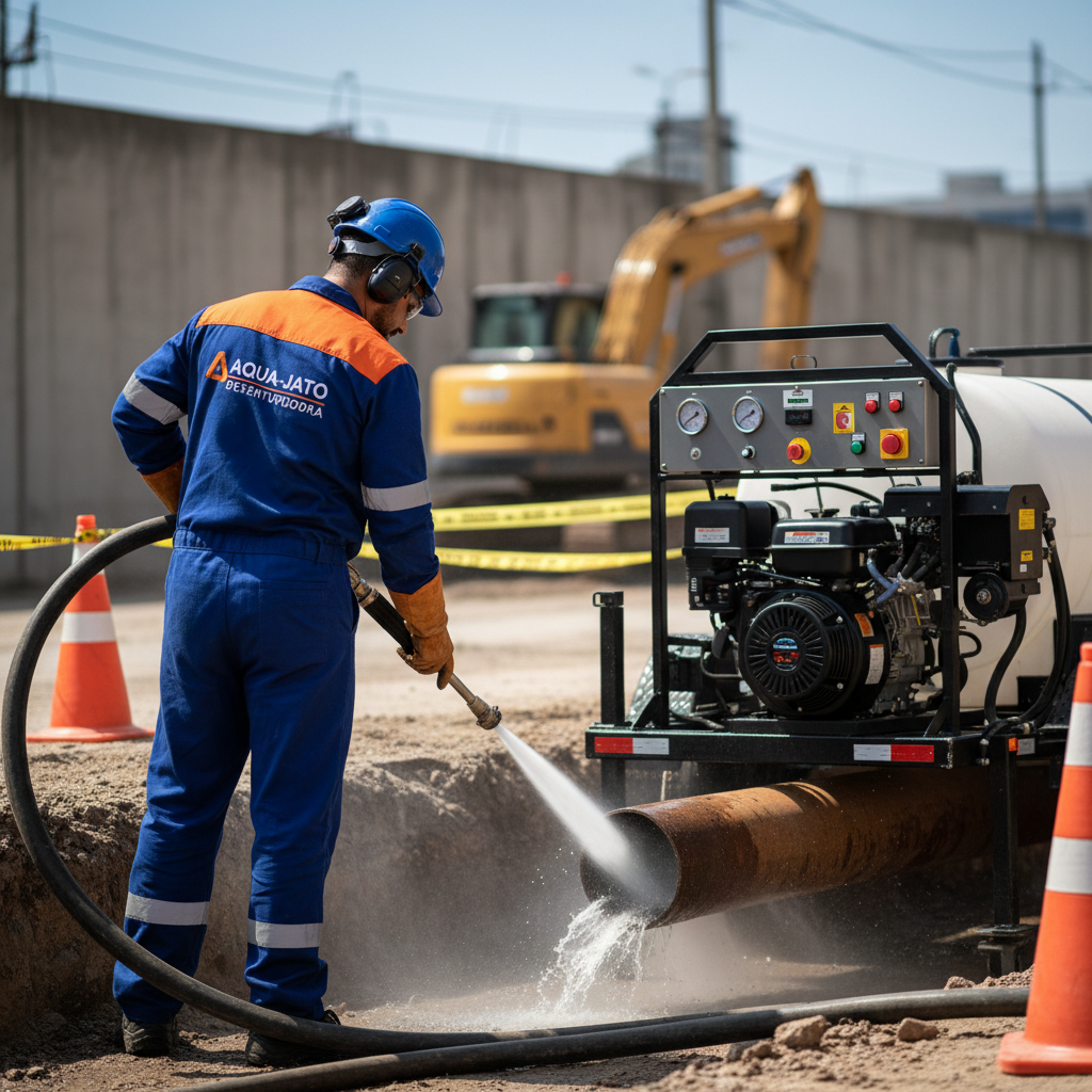 Técnico uniformizado de desentupidora operando equipamento de hidrojateamento de alta pressão em uma tubulação exposta, com foco na tecnologia e segurança da operação. A cena deve transmitir profissionalismo e eficácia.