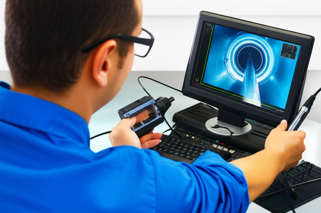 Um técnico especializado inspeciona um sistema de encanamento usando uma câmera de vídeo endoscópica, monitorando as imagens em uma tela.