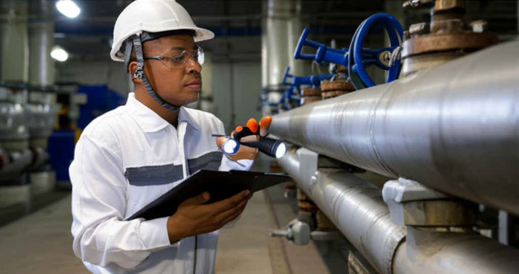 Imagem de um técnico realizando uma inspeção preventiva em tubulações.