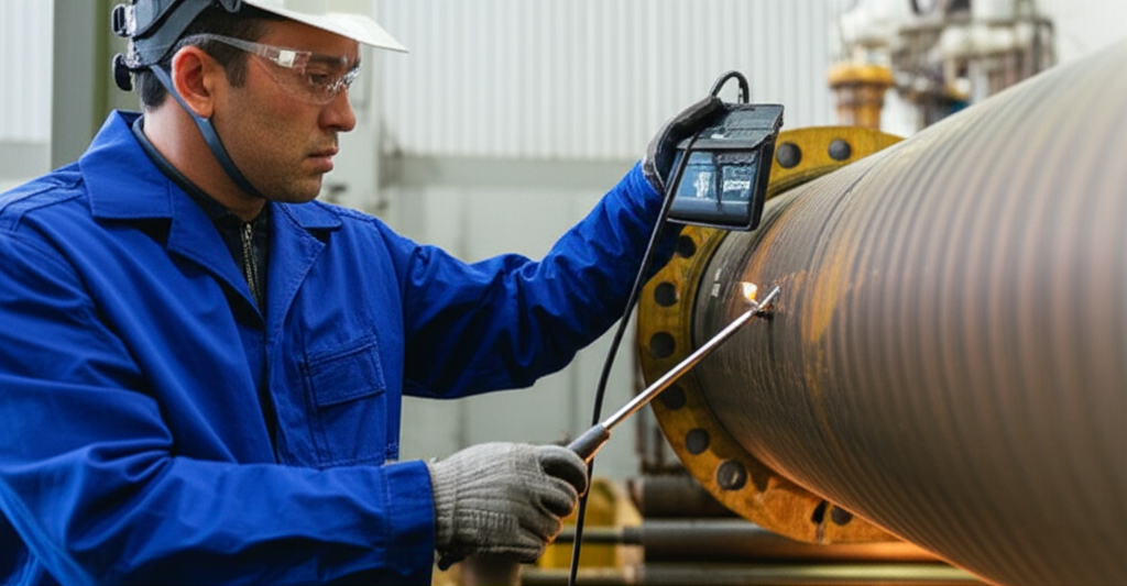 Técnico examinando tubulação com equipamento de inspeção por vídeo.