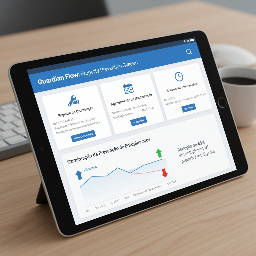 Representação de um software de gestão de propriedades em uma tela de tablet ou computador, com módulos para registro de ocorrências, agendamento de manutenção e histórico de intervenções, mostrando como a tecnologia otimiza a prevenção de entupimentos.