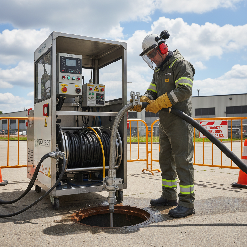 Exposição de equipamentos de desentupimento de alta tecnologia, como máquinas roto rooter, equipamentos de hidrojateamento de alta pressão e sistemas de câmera de inspeção de tubulações. A imagem deve ser limpa, com foco nos detalhes técnicos e na robustez das ferramentas utilizadas pelos profissionais.