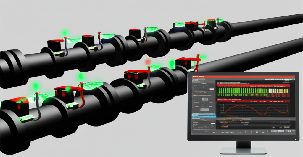 Imagem de um sistema de monitoramento de encanamento com sensores e alertas.