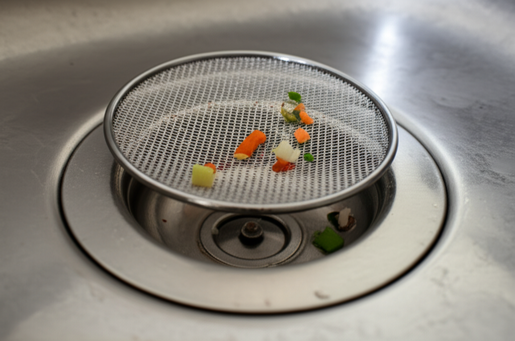 Uso de tela protetora em ralo de pia para evitar a passagem de resíduos sólidos.