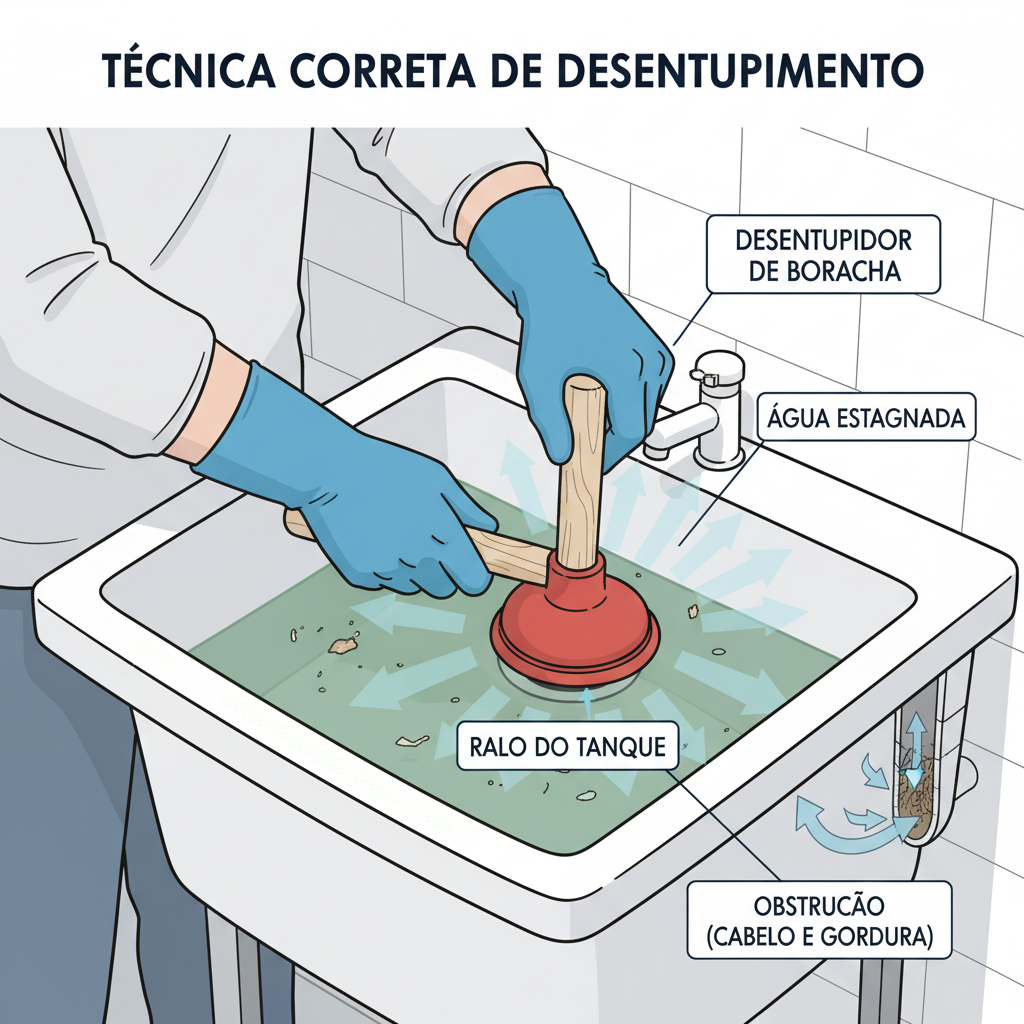 Uma imagem técnica de uma pessoa utilizando um desentupidor de borracha corretamente em um ralo de tanque, com água estagnada. A cena deve ser limpa e focada na ação, sem exageros, mostrando uma solução prática e segura.