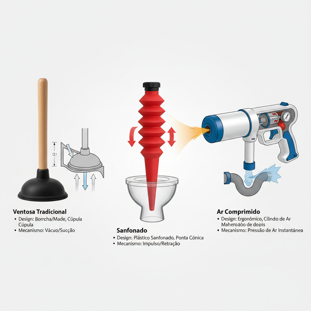 Comparativo técnico entre diferentes tipos de desentupidores de vaso sanitário: um tradicional de ventosa, um sanfonado e um de ar comprimido, com suas características de design e mecanismos de ação detalhados em um fundo neutro.