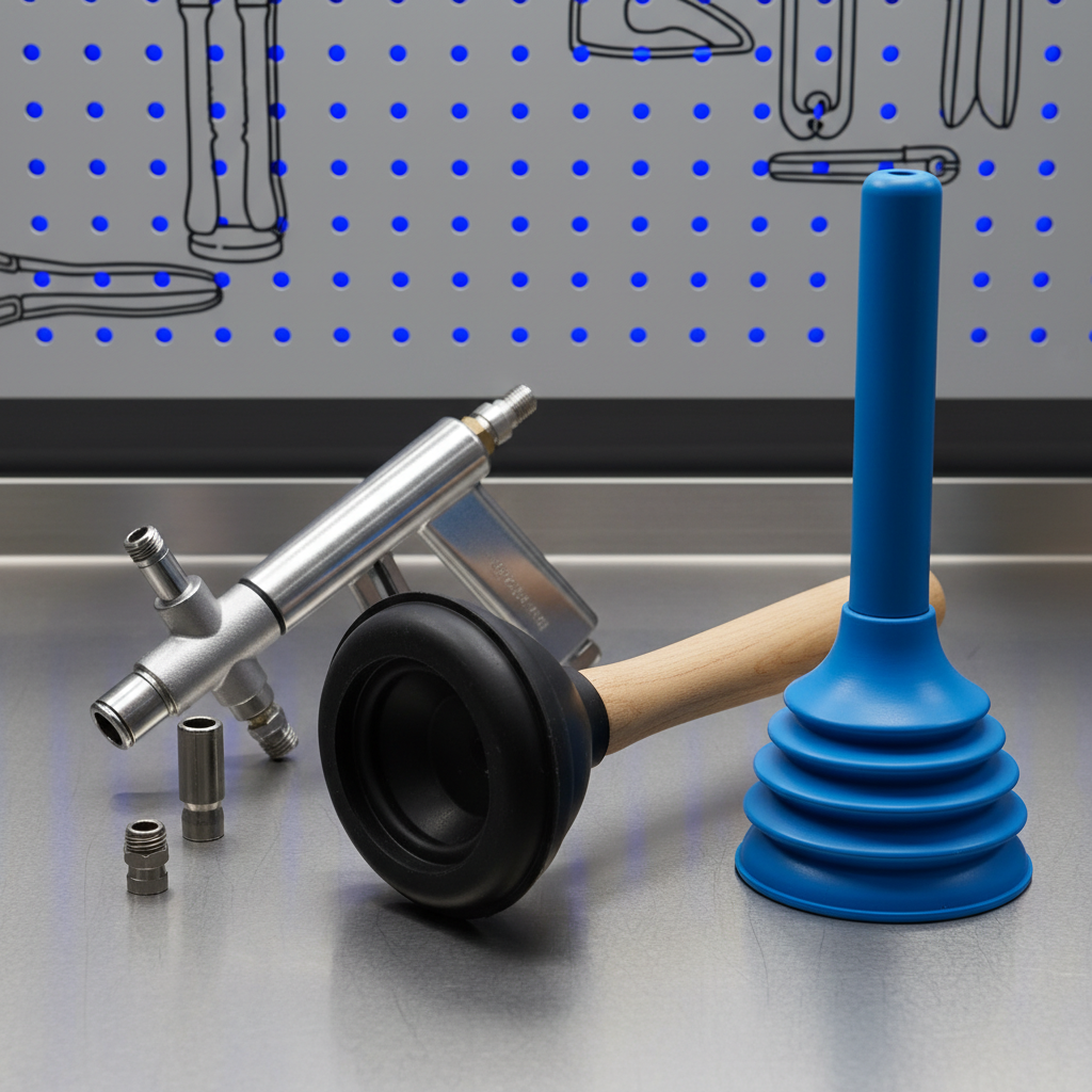 Uma bancada com diferentes tipos de desentupidores profissionais: um desentupidor de borracha com ventosa grande, um desentupidor de sanfona e um desentupidor de ar comprimido. As ferramentas estão organizadas, refletindo precisão e especialização. O fundo é neutro e técnico.