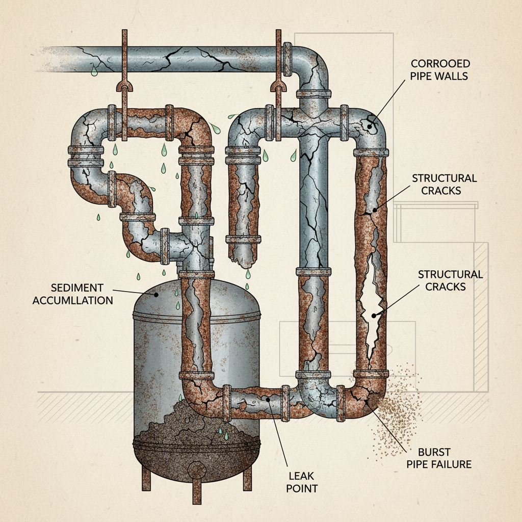 Corte transversal de um tubo de ferro fundido antigo, mostrando o interior com incrustações de corrosão, depósitos minerais e uma redução significativa do diâmetro interno. A imagem deve ser microscópica e detalhada, enfatizando o desgaste dos materiais ao longo do tempo.