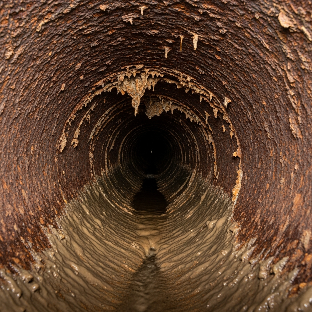 Visão interna de tubulação antiga corroída, demonstrando o acúmulo de resíduos e a causa de entupimentos frequentes.