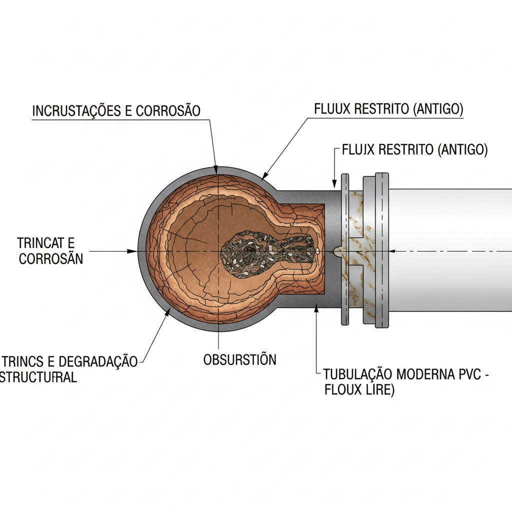 Representação técnica de uma tubulação antiga de ferro fundido com incrustações e corrosão interna, contrastando com um trecho de tubulação moderna de PVC. Detalhes de trincas e obstruções são visíveis, destacando a degradação estrutural.