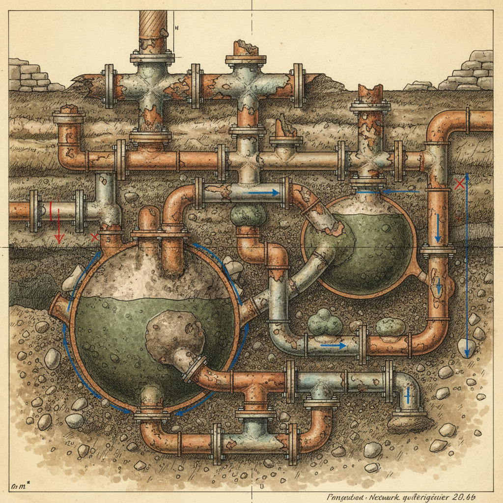 Diagrama técnico de um cano seccionado, mostrando o acúmulo de calcário e sedimentos nas paredes internas, reduzindo o diâmetro efetivo do tubo. Detalhes de texturas e cores para indicar corrosão e deterioração do material.