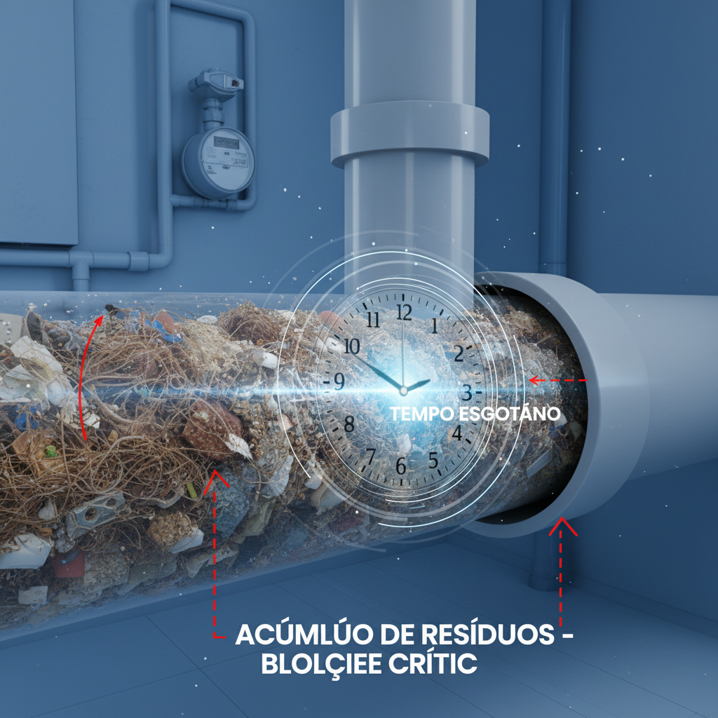 Representação visual de um encanamento obstruído em uma tubulação residencial, com destaque para a área de acúmulo de resíduos, e um relógio indicando a passagem rápida do tempo. A imagem deve ser clara, técnica e focada na estrutura interna do sistema hidráulico.