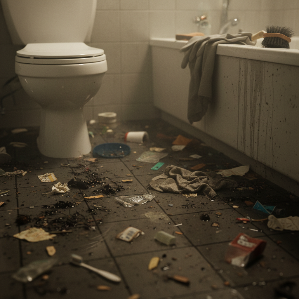 Vista aérea de um banheiro limpo, porém com uma mancha escura de água no chão, simbolizando o resíduo de um entupimento recente. Detalhes de um par de luvas de borracha e produtos de limpeza ao lado, focando na necessidade de higienização imediata.