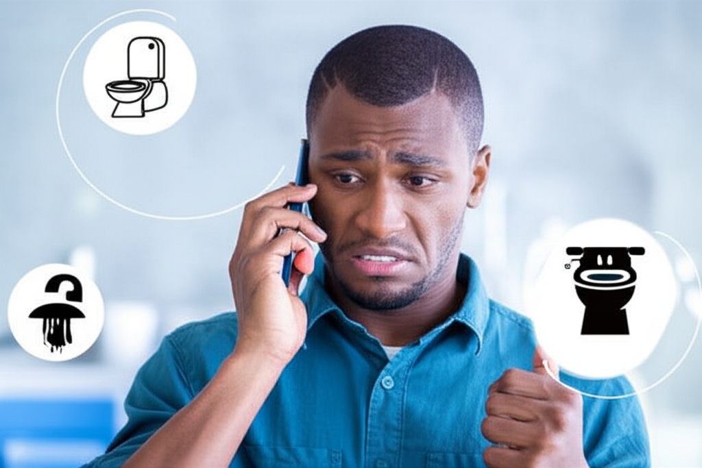 Representação visual de um inquilino ligando para a gestora, com ícones de problemas de entupimento (pia transbordando, vaso sanitário bloqueado) ao fundo. O foco deve ser na comunicação clara e na prontidão da resposta inicial, em um cenário que transmite preocupação e a necessidade de ação rápida.