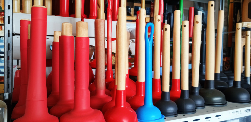 Variedade de desentupidores de vaso sanitário em uma loja.