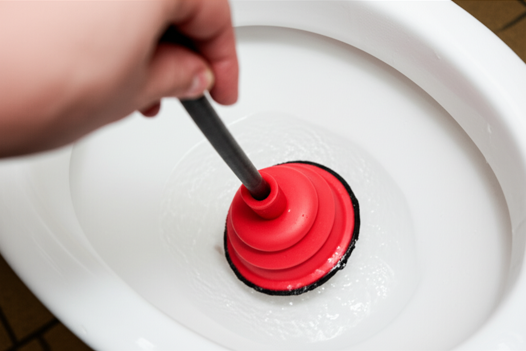 Um vaso sanitário em um banheiro de apartamento com água acumulada e um desentupidor de borracha sendo utilizado por uma pessoa, com foco na solução do problema.