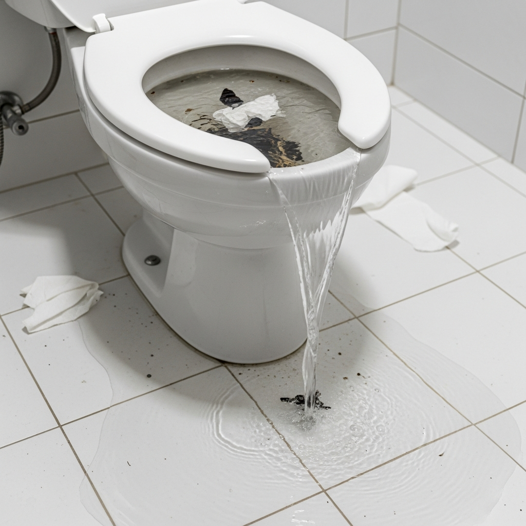 Vaso sanitário entupido com água transbordando, indicando um problema de entupimento.