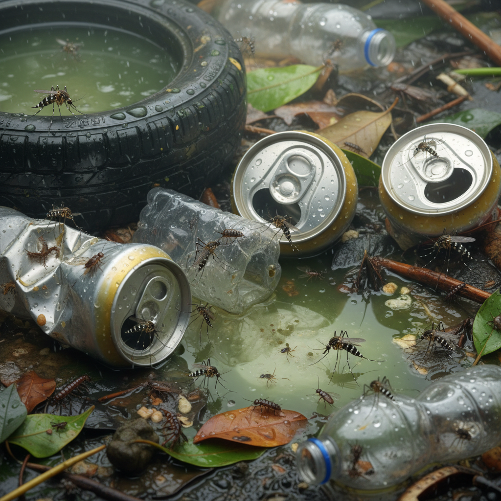 Mosquitos Aedes aegypti e outros vetores de doenças em ambiente úmido e com lixo.