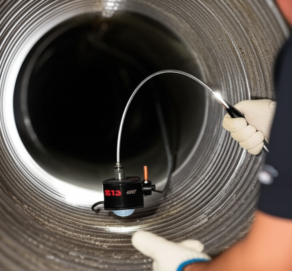 Técnico realizando vídeo inspeção em tubulação, utilizando câmera para identificar obstruções.