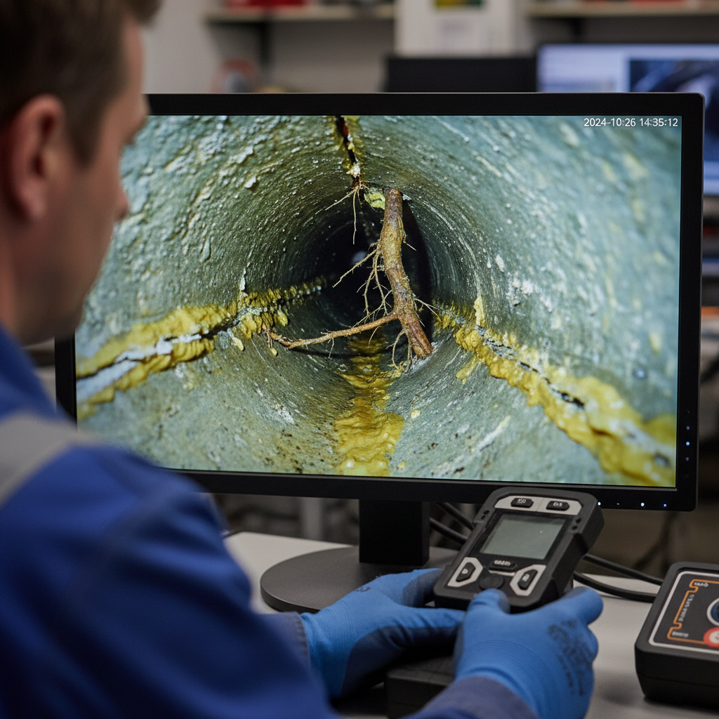 Um close-up realista da tela de um monitor mostrando imagens nítidas do interior de um encanamento. A imagem na tela exibe uma obstrução específica, como uma raiz, uma rachadura ou acúmulo de gordura. Um técnico, parcialmente visível, está analisando as imagens com concentração, utilizando um joystick ou controle para manipular a câmera.
