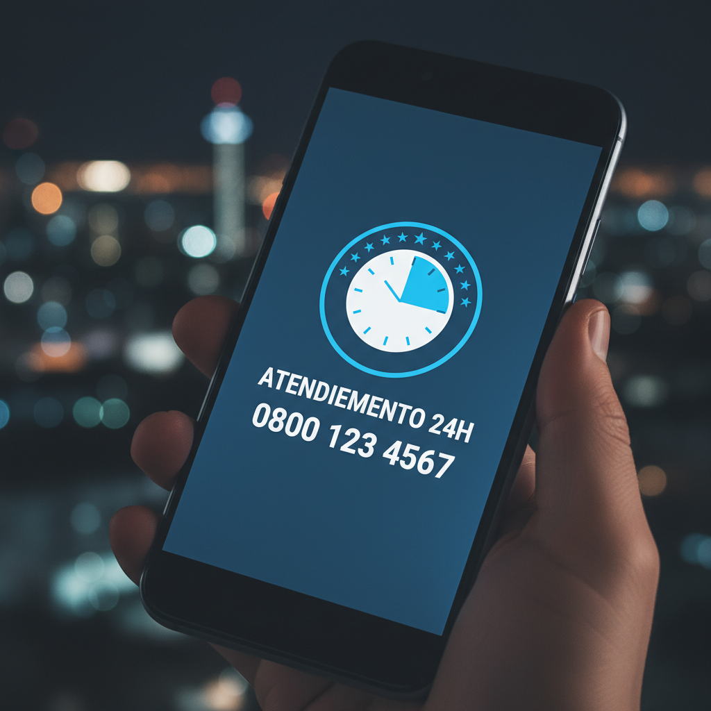 Imagem de um smartphone com o logo de atendimento 24h e um número de telefone, simbolizando a prontidão do serviço.