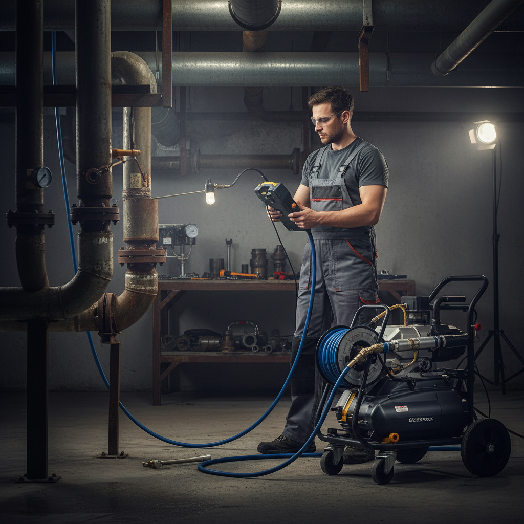 Imagem de um técnico de desentupimento com equipamentos profissionais (câmera de inspeção, hidrojateamento) atuando em uma tubulação.