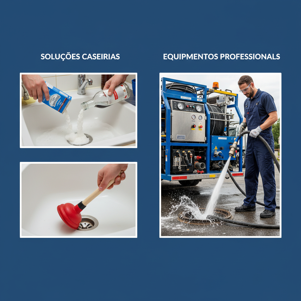 Imagem comparando soluções caseiras (bicarbonato e vinagre, desentupidor manual) com equipamentos profissionais (hidrojateamento).