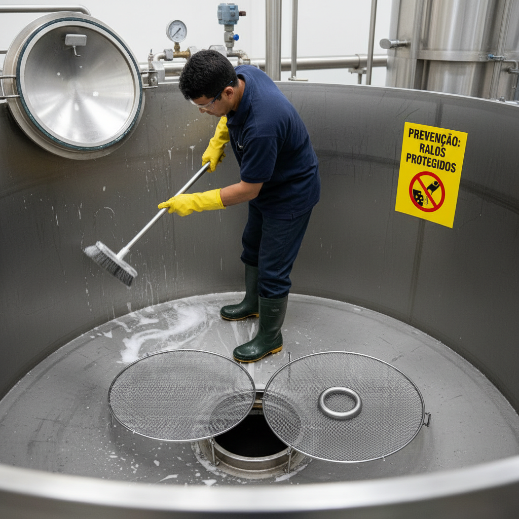 Imagem ilustrativa de uma pessoa limpando um tanque e utilizando telas protetoras no ralo, focando em prevenção.