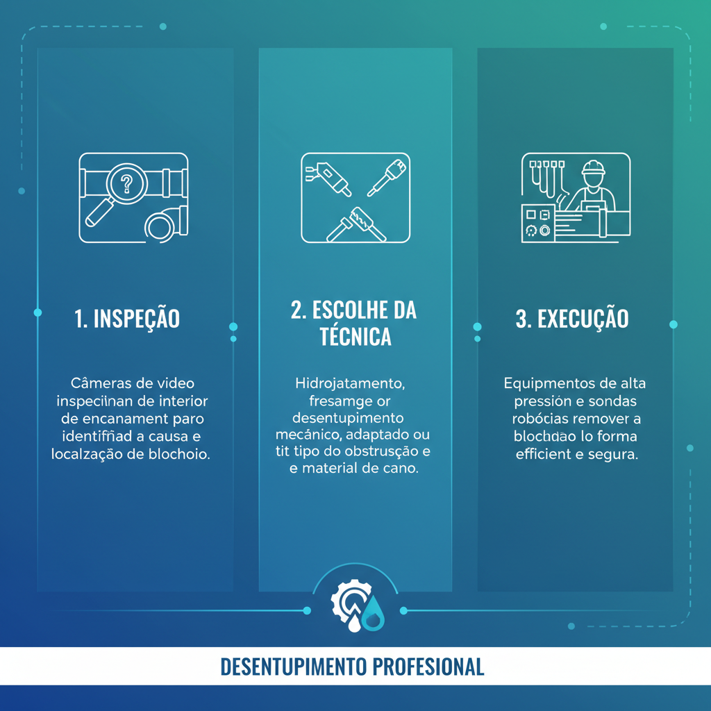 Infográfico mostrando as etapas de um desentupimento profissional: inspeção, escolha da técnica e execução, com equipamentos modernos.