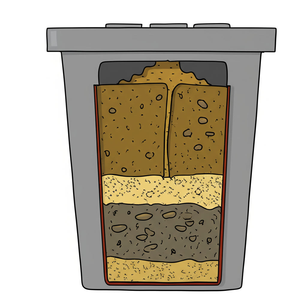 Ilustração detalhada mostrando o acúmulo de gordura e resíduos dentro de uma caixa de gordura, causando o transbordamento.