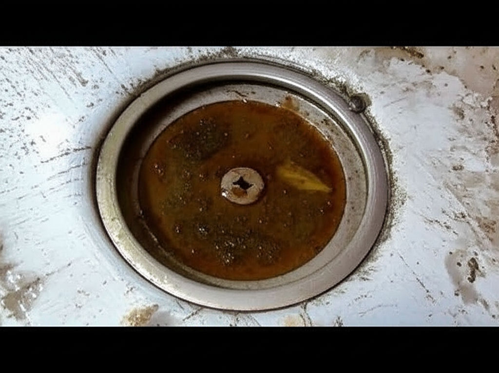 Água empoçada em volta de um ralo, indicando um possível entupimento.