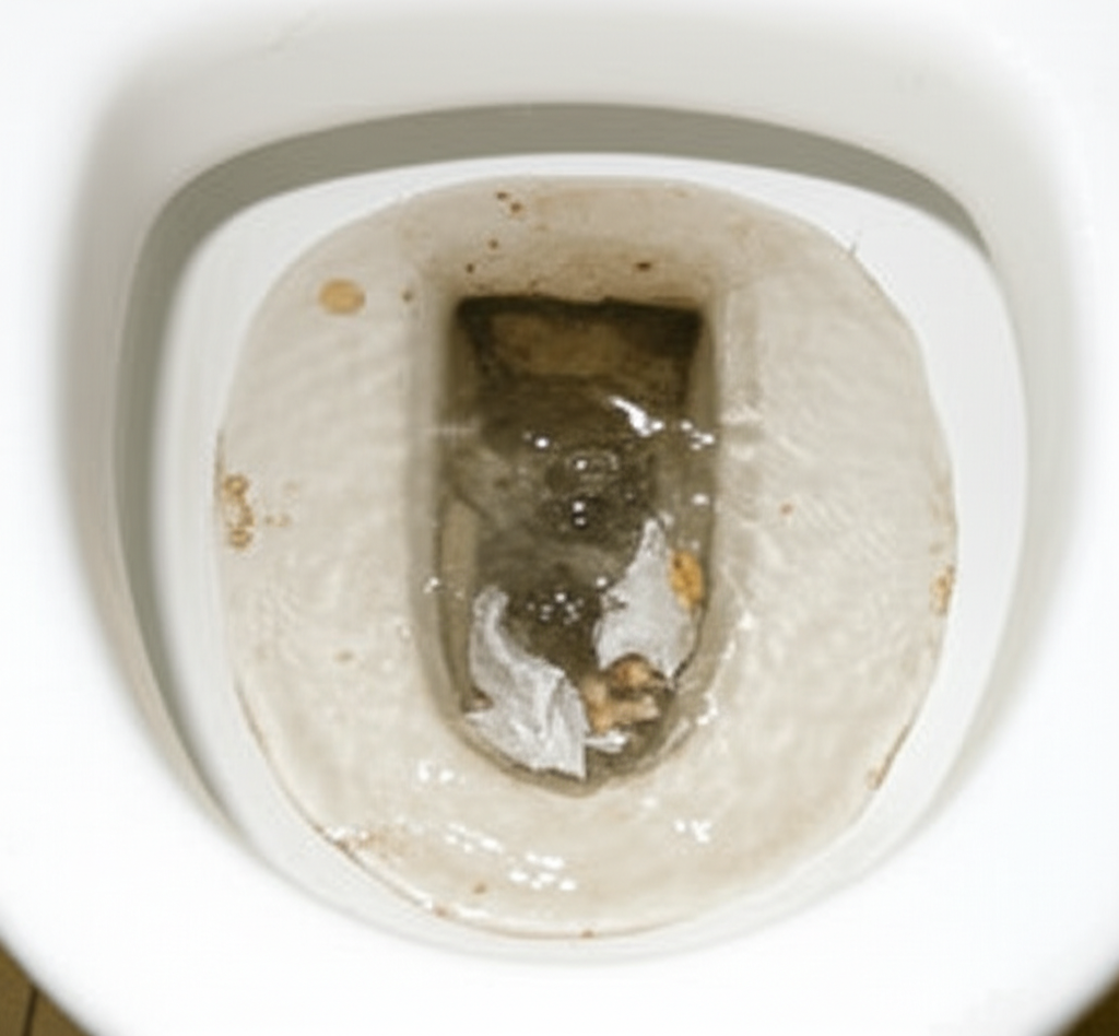 Água subindo no vaso sanitário após a descarga, indicando um possível entupimento.