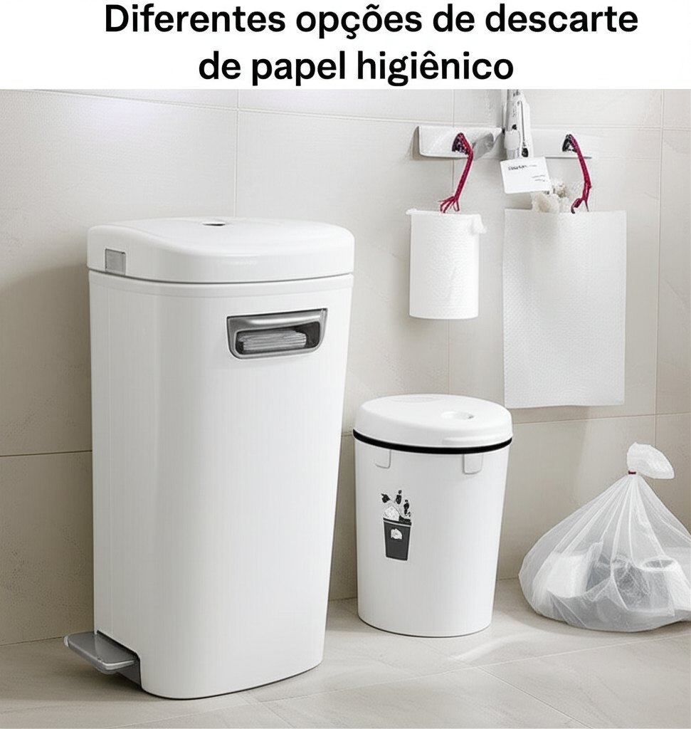 Diferentes opções de descarte de papel higiênico, como lixeiras com tampa e sacos plásticos, demonstrando alternativas ao descarte no vaso.