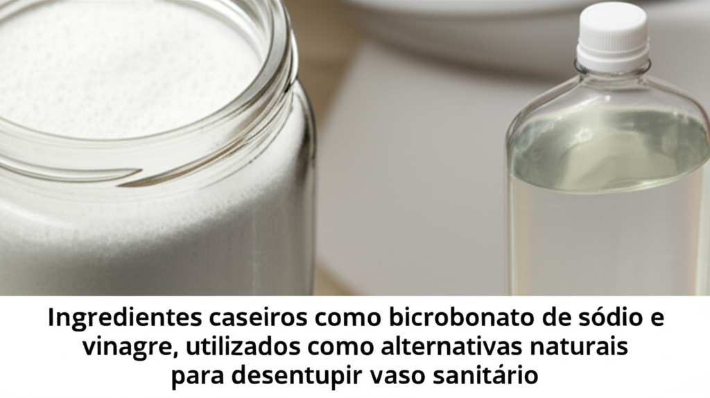 Ingredientes caseiros como bicarbonato de sódio e vinagre, utilizados como alternativas naturais para desentupir vaso sanitário.
