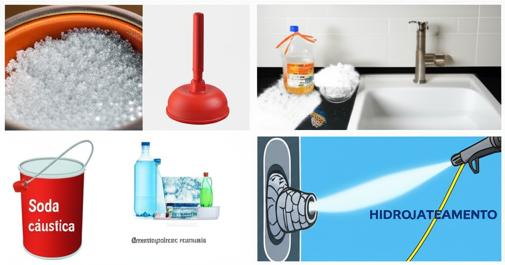 Imagem comparativa de diferentes métodos de desentupimento: soda cáustica, desentupidores manuais, soluções caseiras e hidrojateamento.