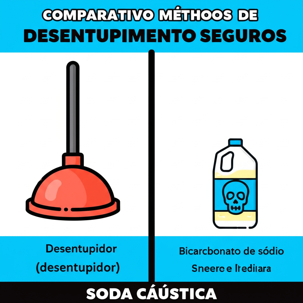 Comparativo visual entre métodos de desentupimento seguros (desentupidor, bicarbonato de sódio e vinagre) e o uso perigoso da soda cáustica.