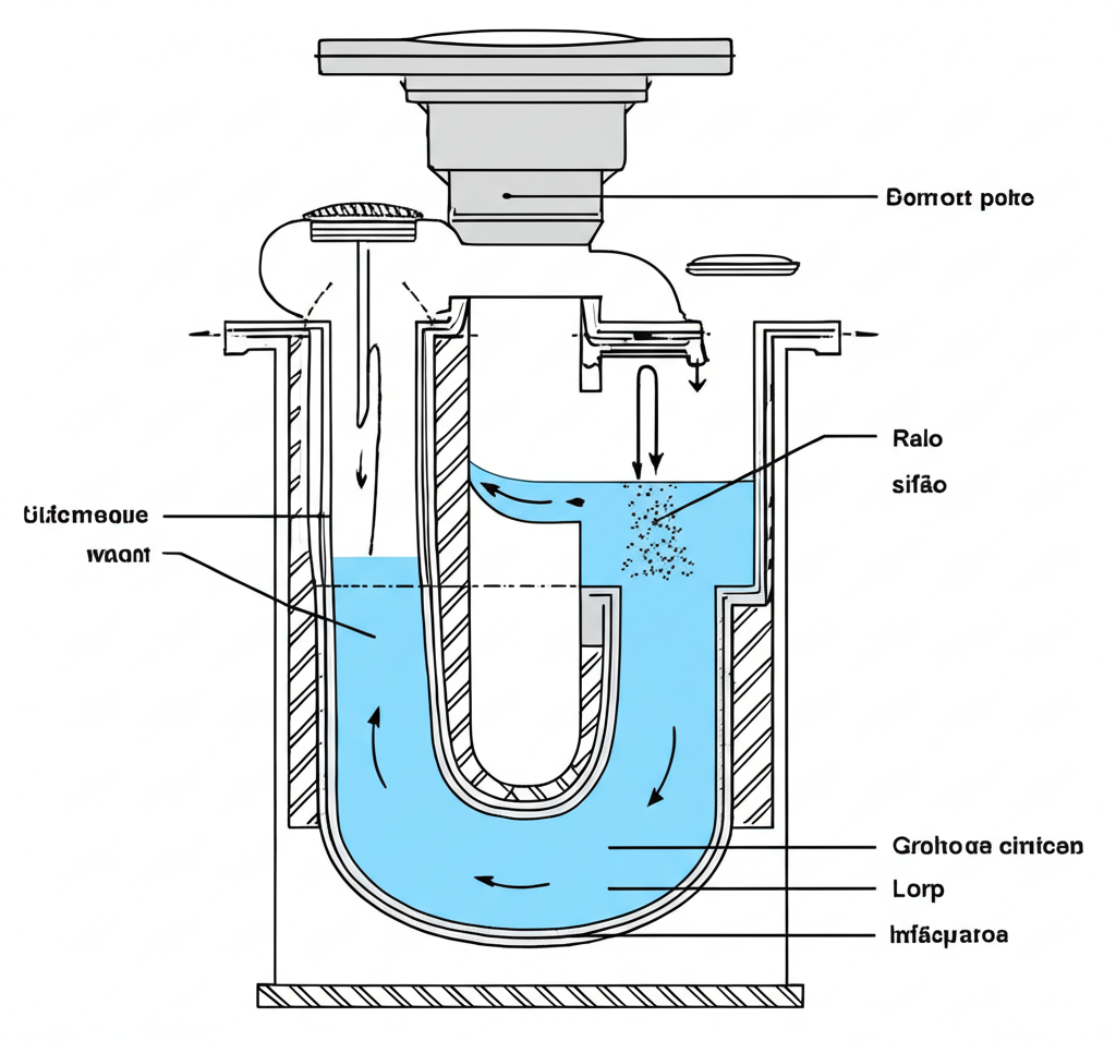 Desenho esquemático de um ralo com sifão, mostrando as partes principais e o funcionamento do sistema para bloquear odores.