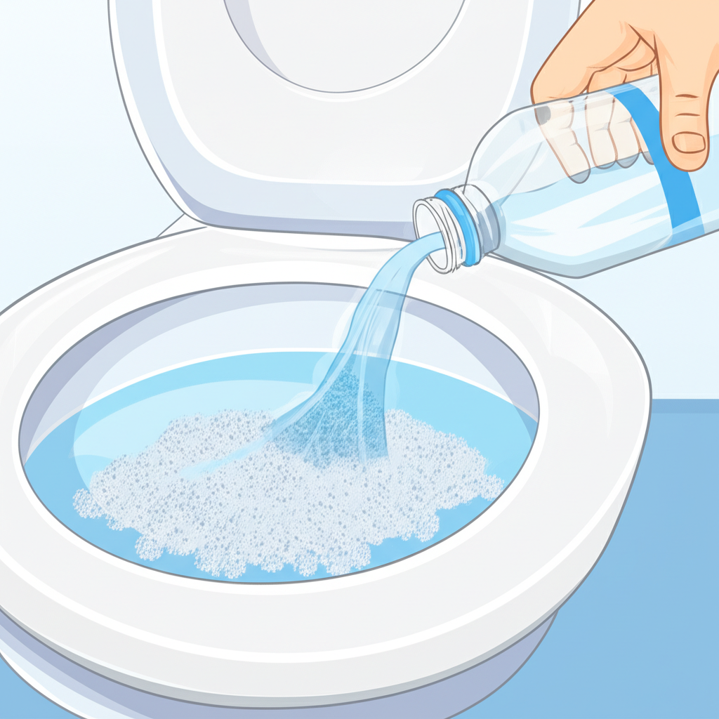 Imagem ilustrativa de um vaso sanitário com uma mistura de bicarbonato de sódio e vinagre sendo despejada, indicando uma solução caseira para desentupimento.