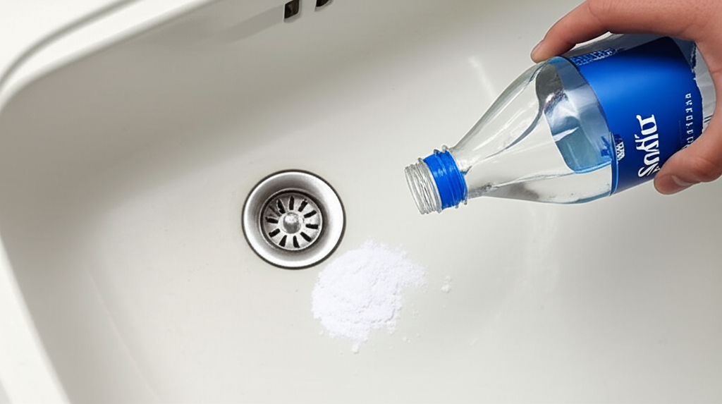 Pessoa utilizando bicarbonato de sódio e vinagre para desentupir pia.