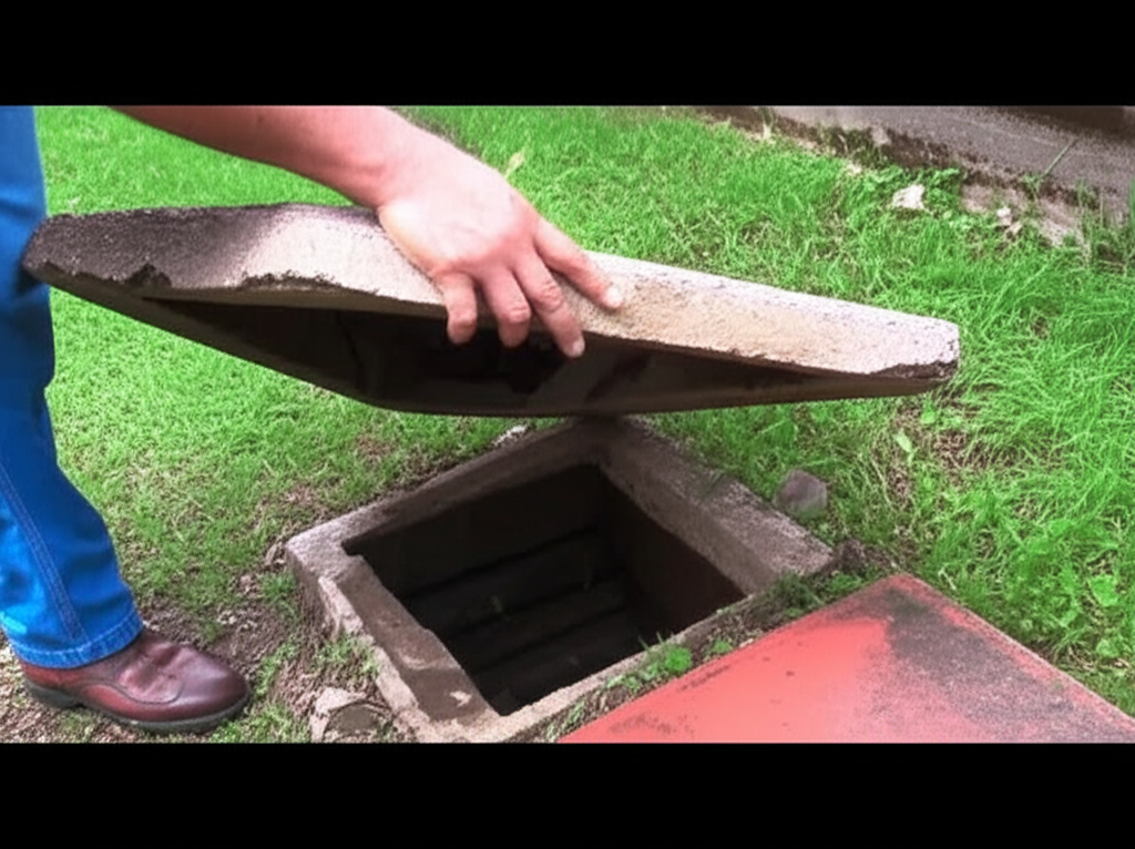 Sequência de imagens mostrando o passo a passo da limpeza de uma caixa de gordura, desde a abertura até a remoção dos resíduos e a limpeza final.