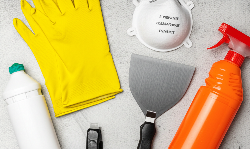 Imagem de diversas ferramentas e produtos de limpeza que podem ser utilizados na manutenção da caixa de gordura, como luvas, máscara, espátula, detergente e desengordurante.