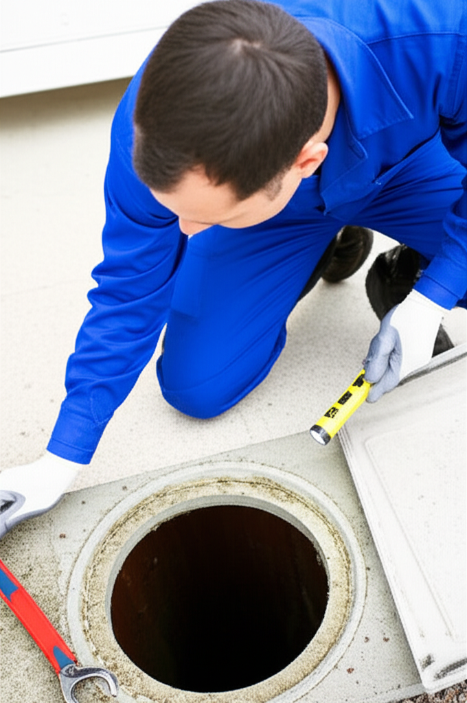 Imagem de um encanador profissional realizando a inspeção e manutenção de uma caixa de gordura com equipamentos especializados.