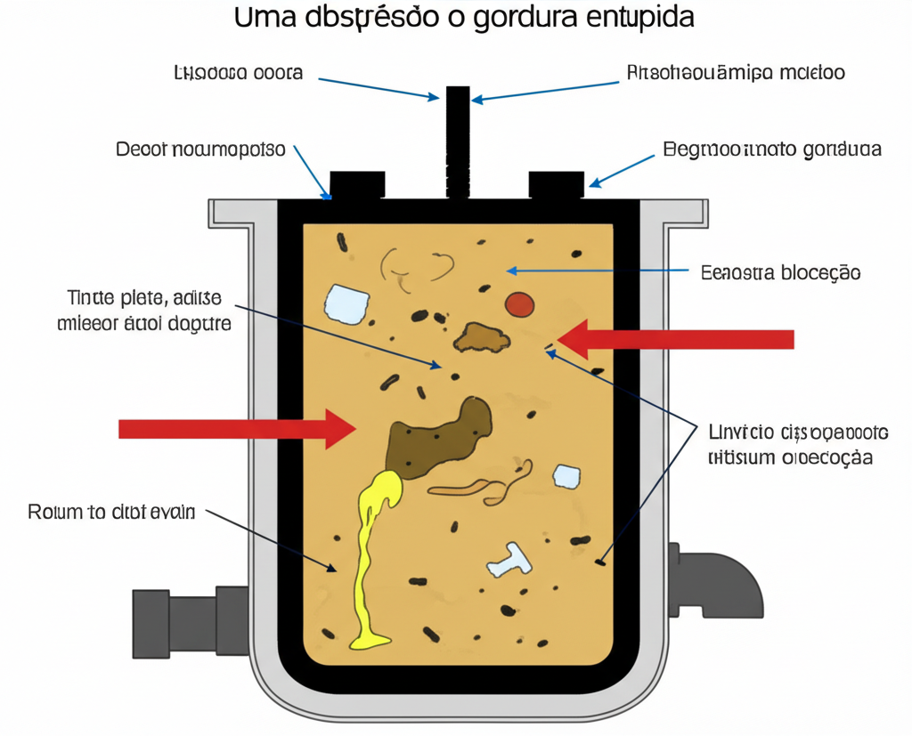 Ilustração de uma caixa de gordura entupida, com setas indicando os pontos de obstrução e as possíveis causas.