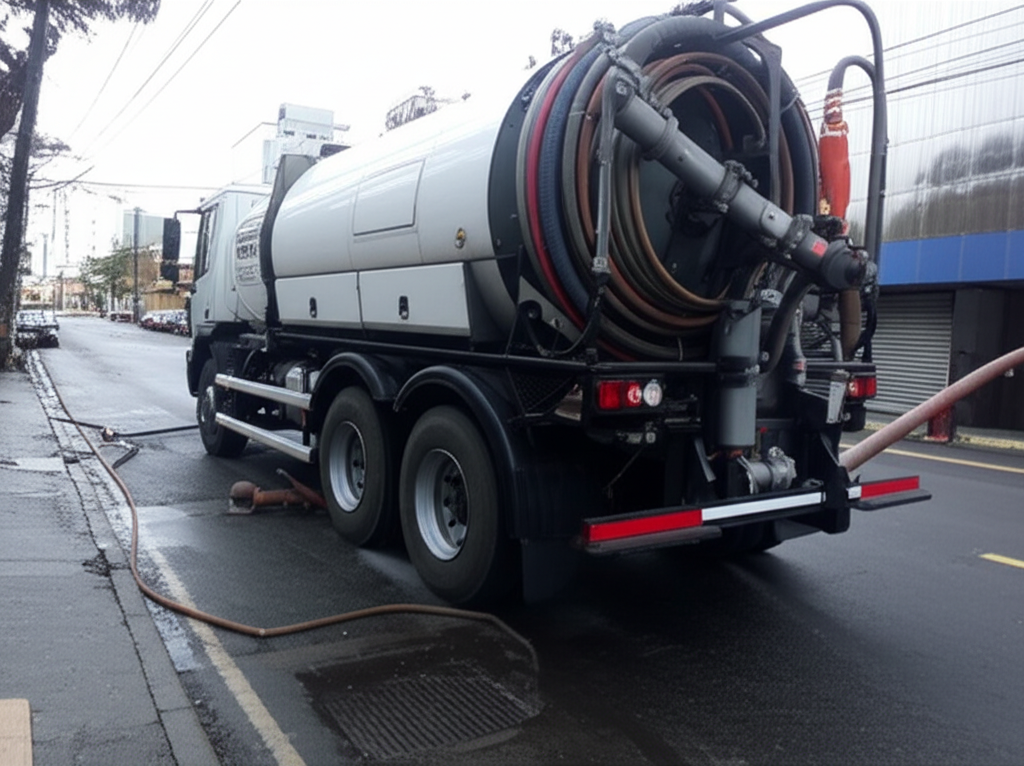 Caminhão equipado com hidrojateamento sendo utilizado para desentupir rede de esgoto em Osasco.