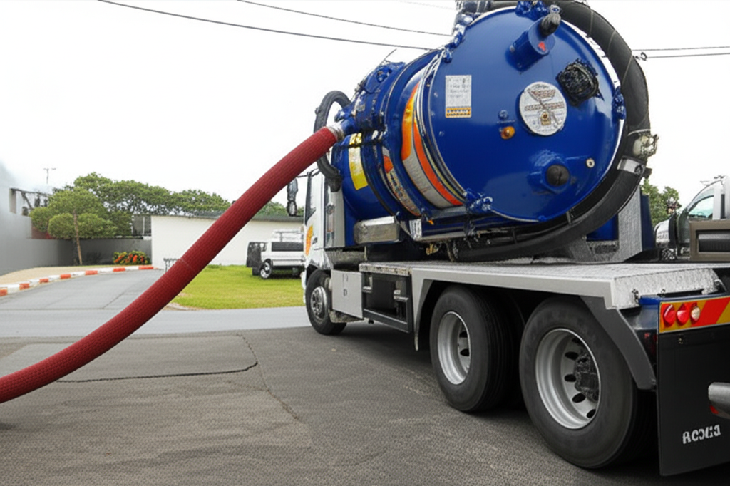 Caminhão de limpeza de fossa em ação, removendo os resíduos de forma segura e eficiente.